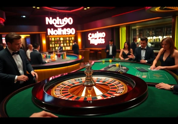 Nohu90 gambling action at a vibrant casino roulette table with players.