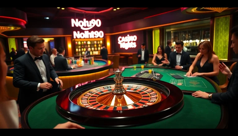 Nohu90 gambling action at a vibrant casino roulette table with players.
